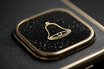 Golden bell notification icon with floating particles and smartphone silhouette on dark background