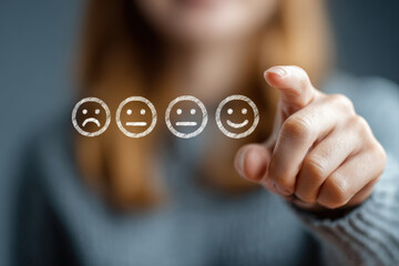 Robotic assistant gestures to neutral rating icons floating in soft studio light