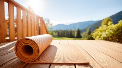 A Rolled-up Yoga Mat on a Wooden Deck Overlooking a Sunny Mountain and Forest Landscape.