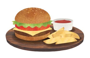 アメリカンなハンバーガーとポテト水彩