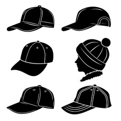 Black silhouette collection of baseball caps and winter hat