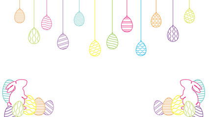 Colorful Easter eggs hanging with cute bunnies on a white background design