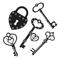 Black silhouette heart lock and ornate keys on white