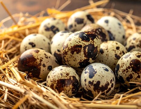 A close-up shot of several speckled eggs nestled in a bed of hay - Powered by Adobe
