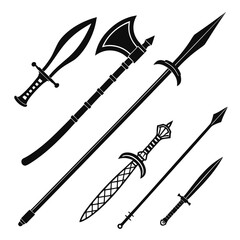 Black silhouette medieval weapons on white background 1