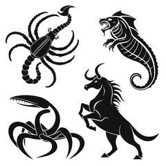 Black silhouette mythical creatures and animals scorpion