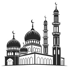 Black silhouette of a mosque with domes and minarets
