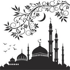 Black silhouette of mosque with crescent moon and birds