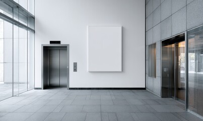 Obraz premium Vibrant photo of modern building interior with elevators and blank billboard space