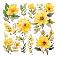 Watercolor floral elements with vibrant yellow flowers and green leaves