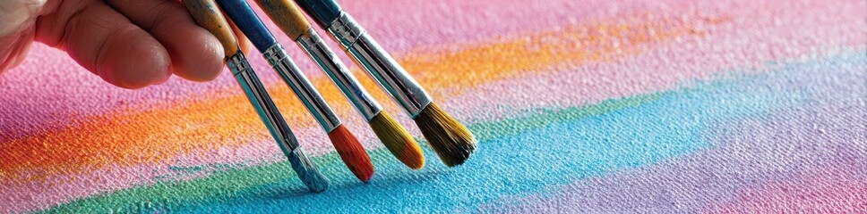 Obraz premium Vibrant paintbrushes with colorful streaks on a pastel gradient background