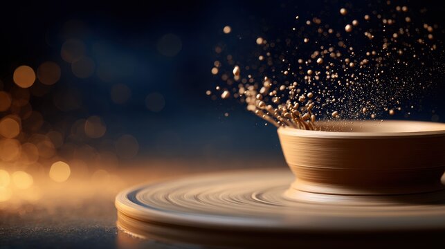 A beautifully crafted pottery wheel in motion, creating a clay bowl with splashing water droplets