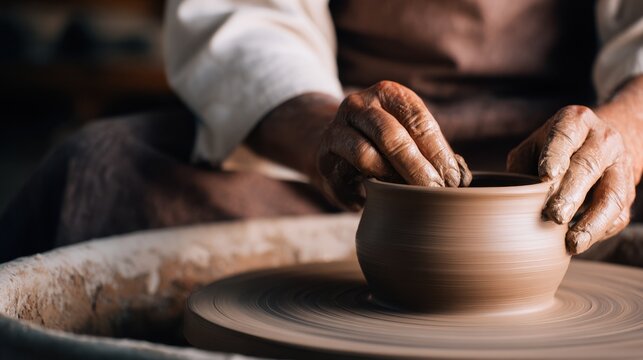 Skilled artisan shaping a clay pot on a pottery wheel in a rustic workshop with warm lighting