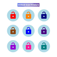 Unlock your creativity with this vibrant collection of nine colorful open lock icons, perfect for security, access, and freedom concepts, a modern design element for websites and app interfaces