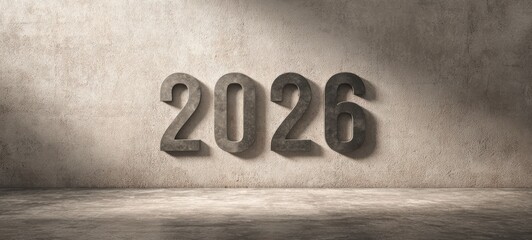 Year 2026 concrete wall with future, and background.