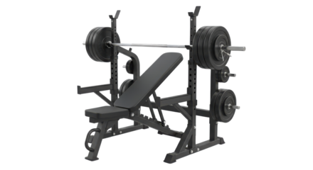 Weight bench with barbell ready for a workout isolated PNG with Transparent Background