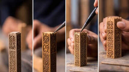Artisan meticulously carving intricate patterns on a wooden block in a workshop, showcasing craftsmanship