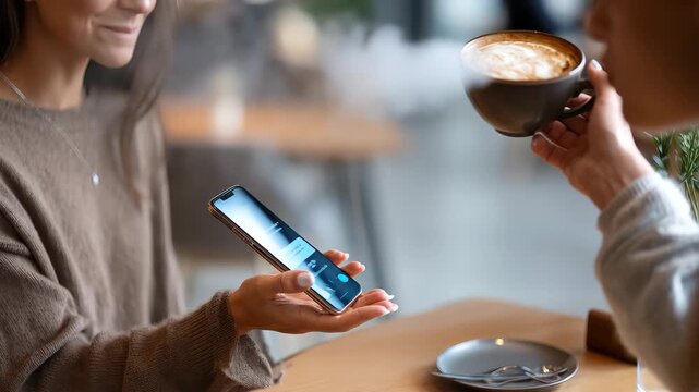Customer making a contactless payment for coffee using a smartphone in a modern cafe during midday hours