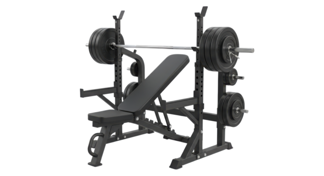Weight bench with barbell ready for a workout isolated PNG with Transparent Background