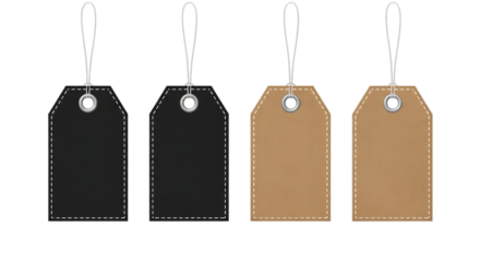 Four blank price tags, two black and two brown cardboard, hanging by white strings isolated on transparent background