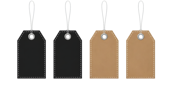 Four blank price tags, two black and two brown cardboard, hanging by white strings isolated on transparent background