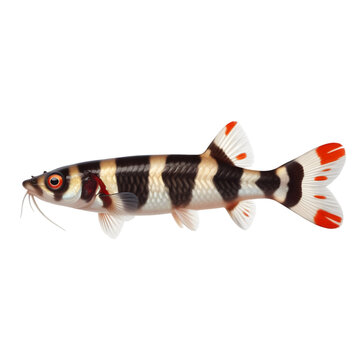 Clown Loach illustration featuring distinctive black and orange vertical stripes and bright red fins isolated on transparent background