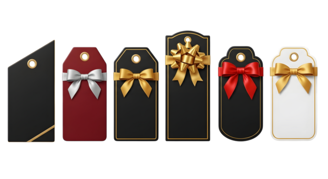 Collection of assorted gift tags with ribbons and bows, isolated on transparent background - Powered by Adobe