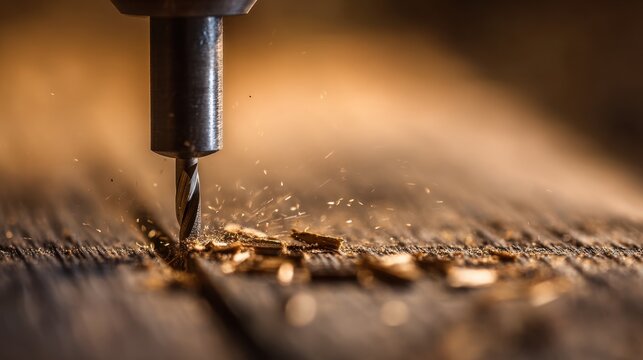 Close-up of a precision drill bit cutting into wood, creating fine shavings in a dimly lit workshop