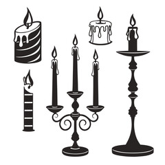 Black silhouette set of candles and candle holders