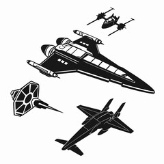 Black silhouette spacecraft and fighter jets on white background
