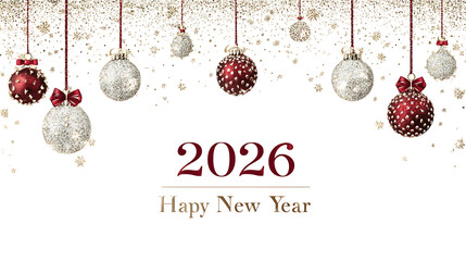 Happy new year 2026 greeting card with hanging ornaments isolated on white background