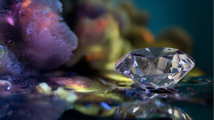 Sparkling Diamond: A brilliant cut diamond rests, catching the light and displaying its facets. Reflections of a vibrant colored background.