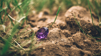 Hidden Gem: A radiant violet gemstone nestled amidst the rich textures of soil and blades of grass, creating a sense of natural beauty and mystery. 