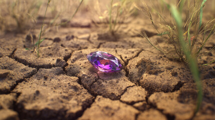 Luminous Gem Amidst Earth: A radiant gemstone rests upon the cracked, sun-baked earth, a testament to the raw beauty and hidden treasures of the natural world.