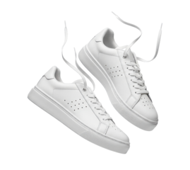 Pair of white sneakers with untied laces isolated PNG with Transparent Background