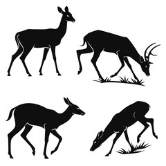 Black silhouettes of deer in various poses on white background
