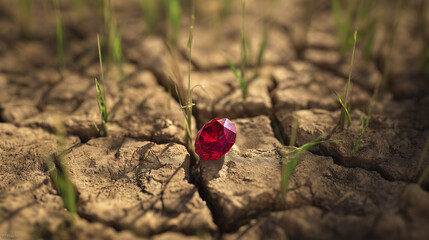 Red Gem in the Barren: A solitary red gem sits nestled amidst cracked earth, a symbol of resilience and beauty blossoming even in the harshest of environments.