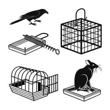 Black silhouettes of bird cage mouse trap and rat crow
