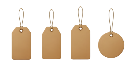 Four blank cardboard tags, two rectangular and two with rounded corners, and one circular tag, all isolated on transparent background