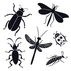 Black silhouettes of various insects on white background