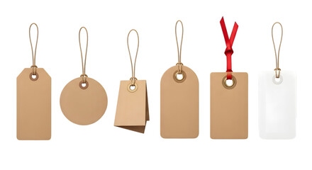 A collection of six different blank tags, including rectangular, circular, and square shapes, some with string ties and one with a red ribbon, isolated on transparent background