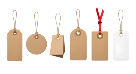 A collection of six different blank tags, including rectangular, circular, and square shapes, some with string ties and one with a red ribbon, isolated on transparent background