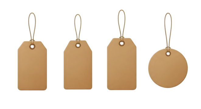 Four blank cardboard tags, two rectangular and two with rounded corners, and one circular tag, all isolated on transparent background