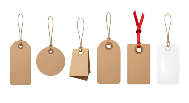 A collection of six different blank tags, including rectangular, circular, and square shapes, some with string ties and one with a red ribbon, isolated on transparent background