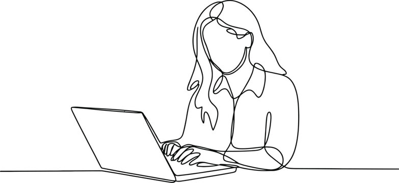 Woman working on laptop isolated on white background, continuous one line drawing vector