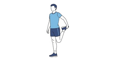 Man in blue shirt and shorts stretching quadriceps on white background.
