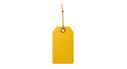 A single yellow tag isolated on transparent background, perfect for labeling or pricing items in retail or inventory management