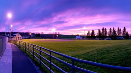 Fototapeta premium Scenic twilight view of a baseball field with vibrant purple skies and distant trees, evoking tranquility