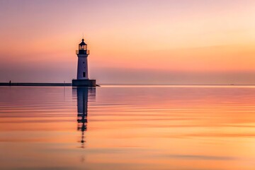 Serene lighthouse silhouette reflected in calm water during a vibrant sunset sky