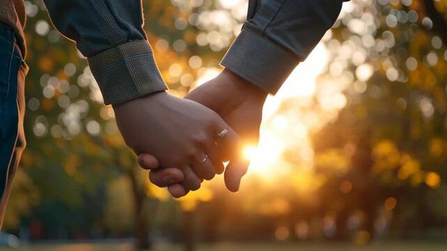 A couple holding hands in a park. The sun is shining on them. The man is wearing a blue shirt. A husband holding his partners hand while walking through the park